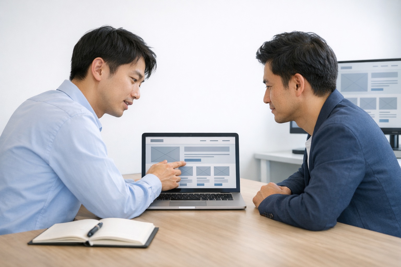Webサイト設計を画面で確認しながら相談する担当者とクライアント